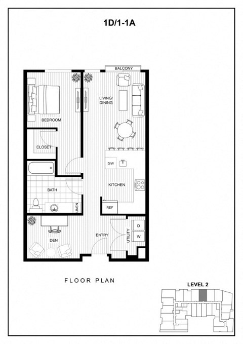 Floor plan for 1 bed, 1 bath, 823 sqft